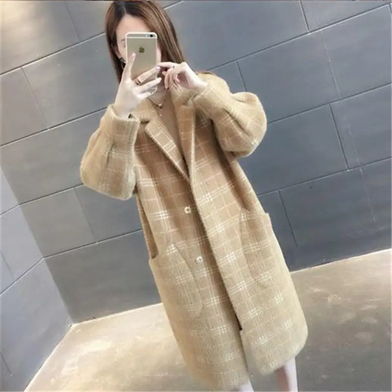 khaki Модная клетчатая Женская тонкая кашемировая куртка из искусственной норки Женская флисовая имитация пальто Женский вязаный свитер кардиган верхняя одежда R16 - Цвет: khaki