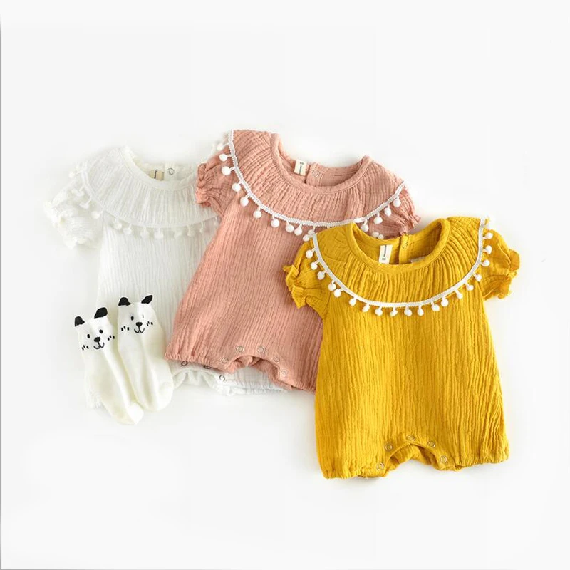 

White Tassel Fringe Floral baby girls rompers Lotus leaf design kids jumpsuit 0-18m toddler baby clothing set new