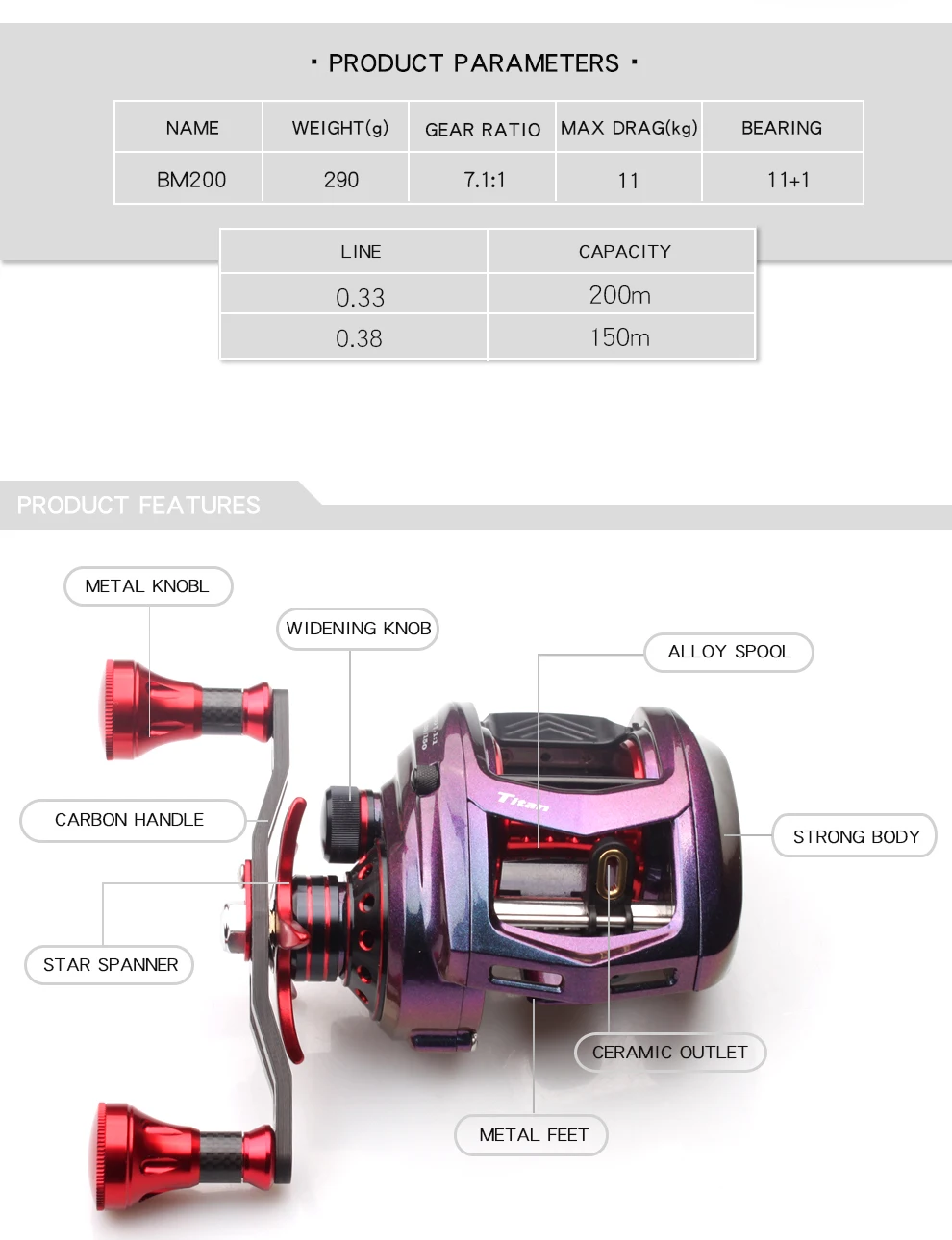 KAWA Fishing Reel Bait cast Reel, Gear Ratio 7.1:1 Bait casting Magnetic Brake Bearing 11+1 290g Max Drag 11KG sea fishing reel