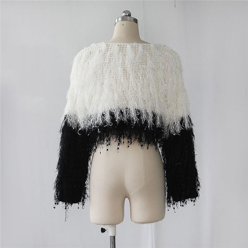 

Adogirl Sequins Tassel Hand Knitted Sweaters Women O Neck Long Sleeve Loose Casual Pullovers Autumn Winter Crop Tops Jumper