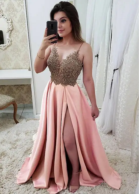 

Pink Muslim Evening Dresses Sweetheart Spaghetti Strap Slit Islamic Dubai Saudi Arabic Long Elegant Evening Gown Long Prom Dress