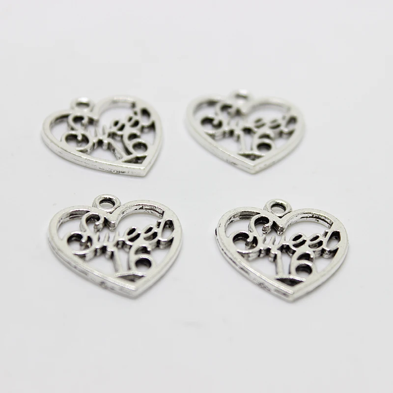 25 шт 19 мм x 21 античный серебряный тон Сладкий 16 подвеска в форме сердца|silver heart