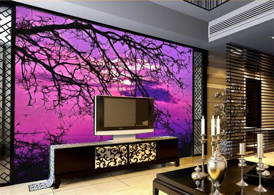 Настенные 3d обои для комнаты нетканые с изображением фиолетового заката