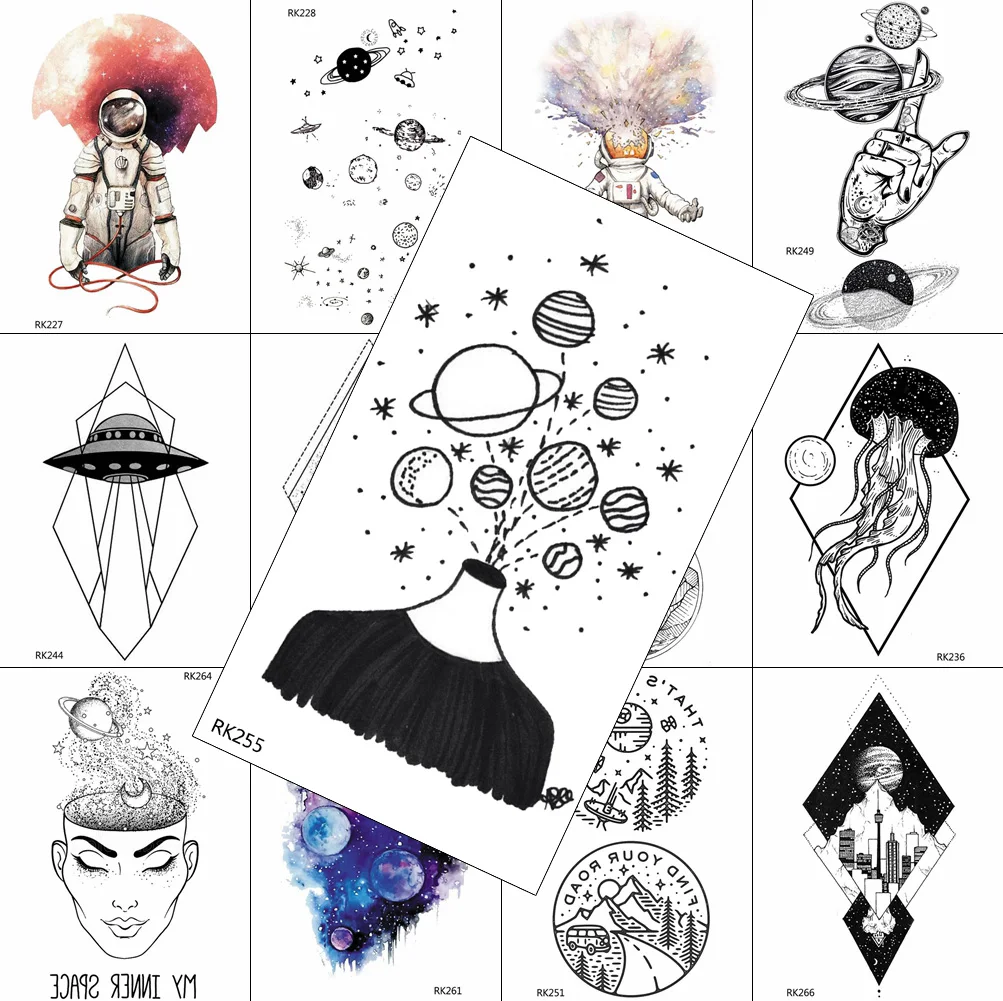 

Black Creative Planets Temporary Tattoos Sticker Body Art Chest Legs Tattoos Decal For Adult Geometric Waterpoof Tattoos Paper