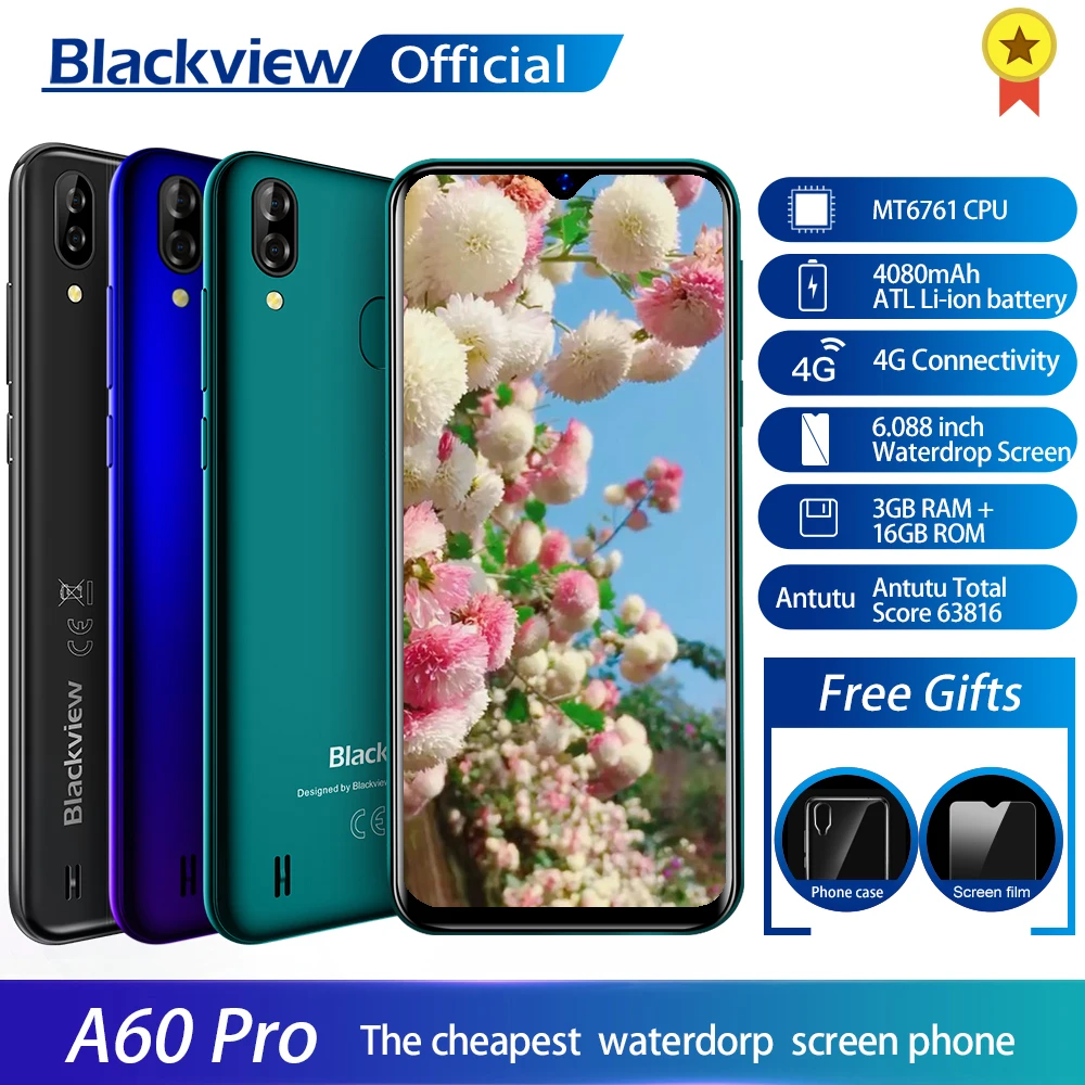 Blackview A60 Pro смартфон MTK6761 четырехъядерный Android 9,0 4080 мАч мобильный телефон 3 ГБ+ 16 Гб экран с каплями воды лицо ID 4G мобильный телефон