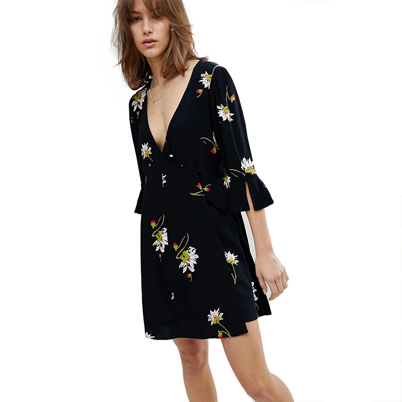 SheInGirl Women Casual Loose Floral Print Black Wrap Knee-Length Dress Deep V Neck Half Sleeve Straight On Beach | Женская одежда