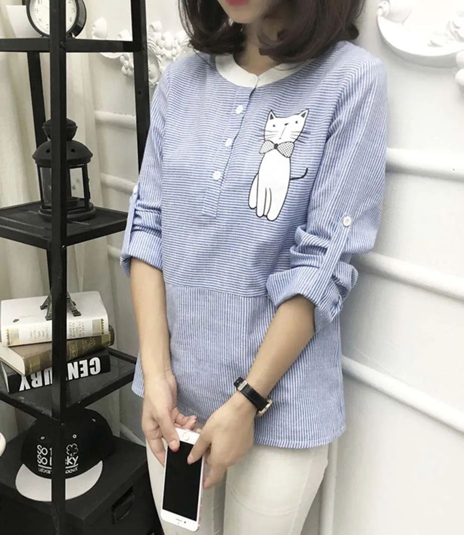 2017 новая весенняя женская обувь модная одежда с длинными рукавами наряд в полоску вышивкой виде кота