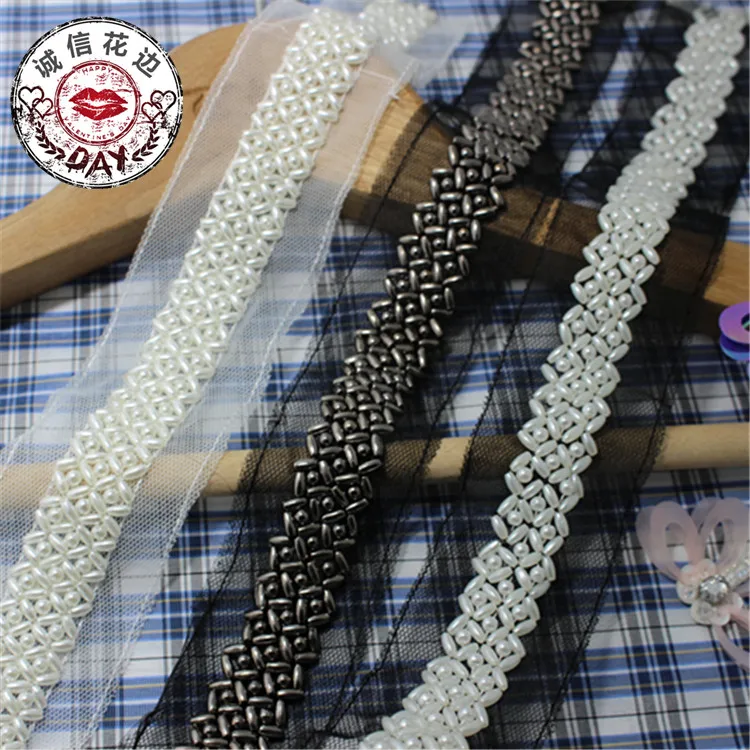 

2Yards Beaded Lace Trims Clothing Accessories Lace Collar DIY Handmade Embroidered Mesh Lace Ribbon Applique Beading Lace Fabric