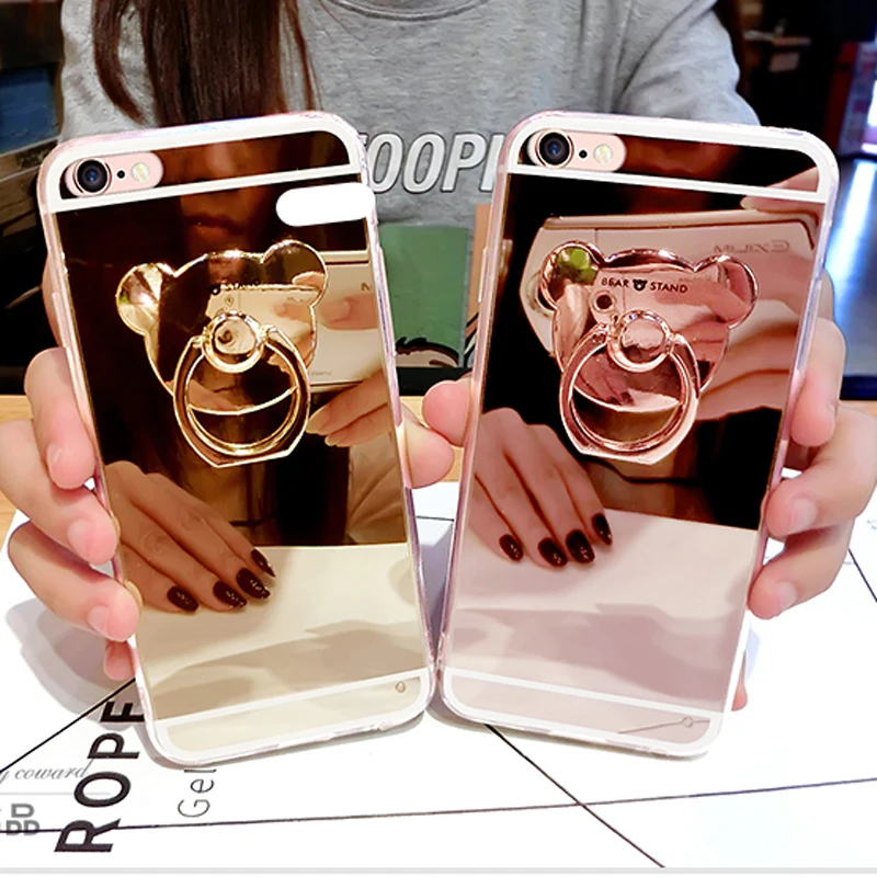 Роскошный мягкий зеркальный чехол с металлическим медведем 360 для iPhone X XS MAX XR 8 Plus 7