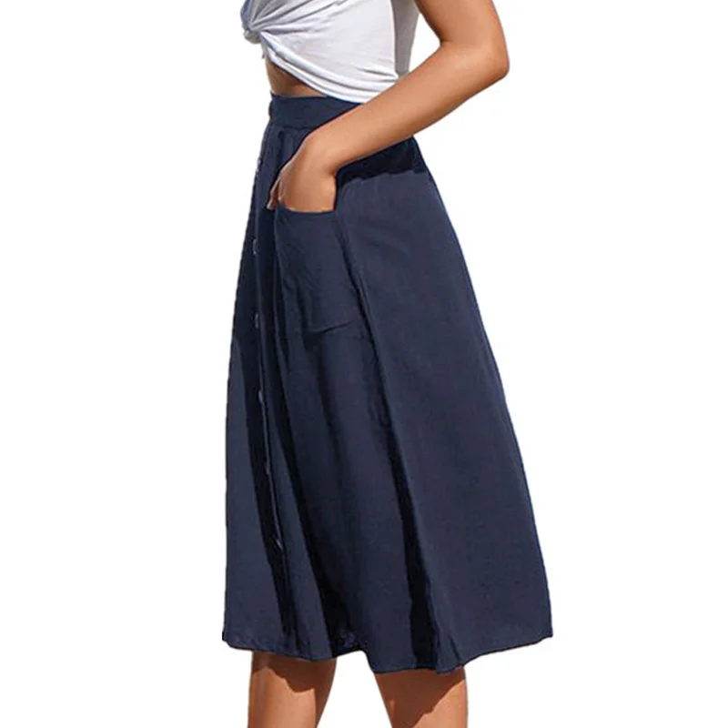 

Newly Women Dress Solid Color Button Loose Pockets Half Dress for Summer m99