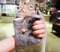 luxury bling diamond pearl bowknot warm soft fur rabbit fur hair case for samsung s6 s7 s8 s9 s10 s20 s21 plus note5 8 9 10 20