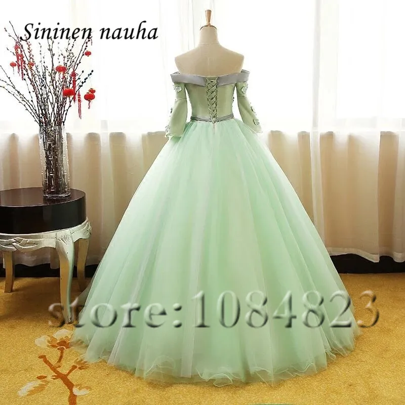 

Mint Quinceanera Dresses with Sleeve Prom Party Dress Long Off The Shoulder Ball Gown Vestidos De 15 Anos Sweet 16 Dresses 306