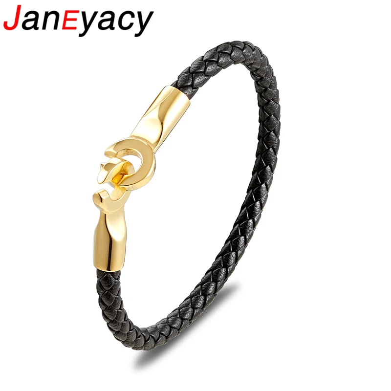 

Janeyacy New Jewelry Punk Black Braided Leather Bracelet for Mens Stainless Steel Clasp Bracelet Fashion Bangles Gifts Pulseras