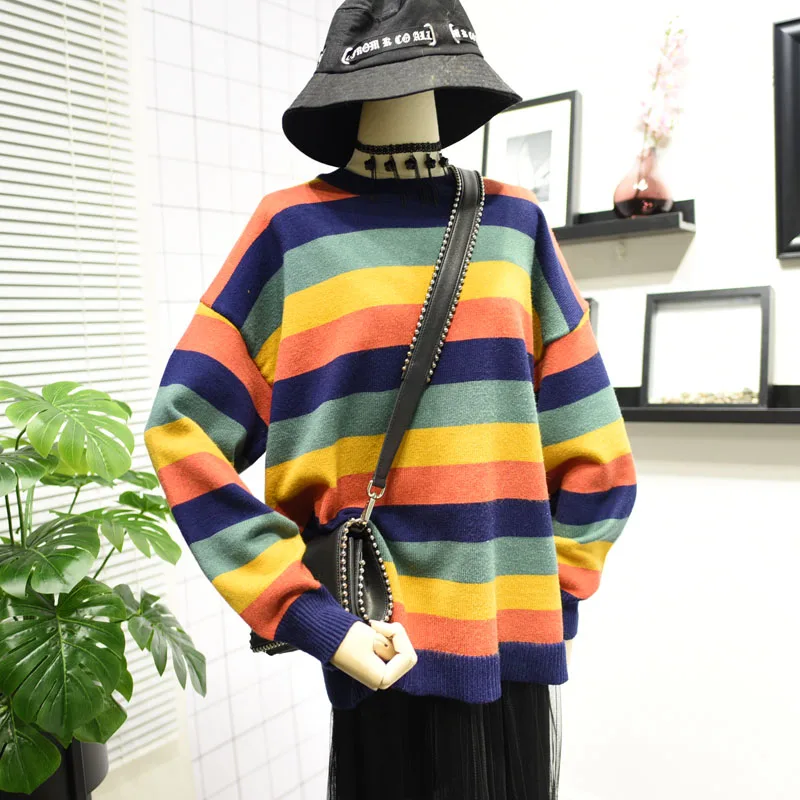 Autumn Women Knitted Sweater Rainbow Stripe Loose Outerwear Long Batwing Sleeve Pullover Knitwear Female Casual Tops One Size | Женская