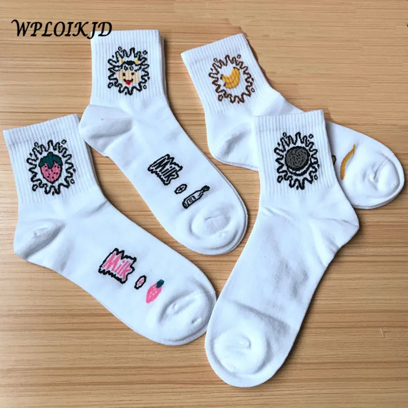 [WPLOIKJD]Harajuku Socks Fashion Japan Food Fruit Milk Creative Banana Strawberry Printing Women Skarpetki Calcetines Sox | Женская