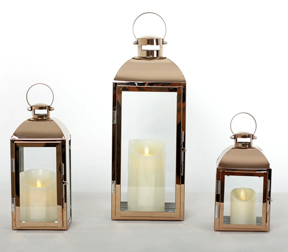 Nordic Lantern Candle Holder Rose Gold Stainless steel Candlestick Glass wind lamp candle holder Home Party Decoration Gift