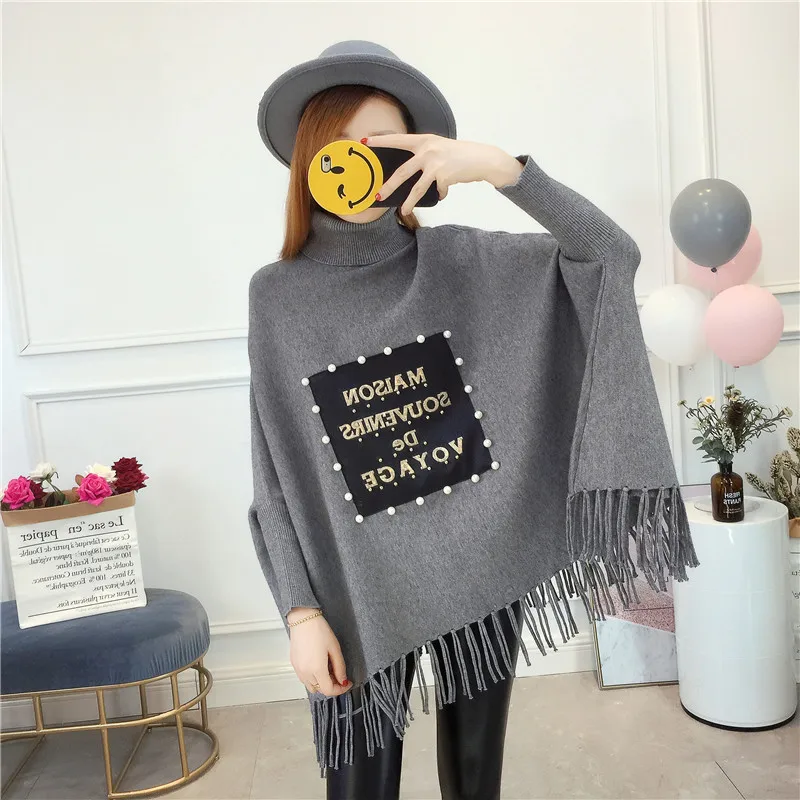 2021 Women Pullover Fashion Beaded Patch Sweater Autumn Winter Warm Wrap Swing Turtleneck Long Sleeve | Женская одежда