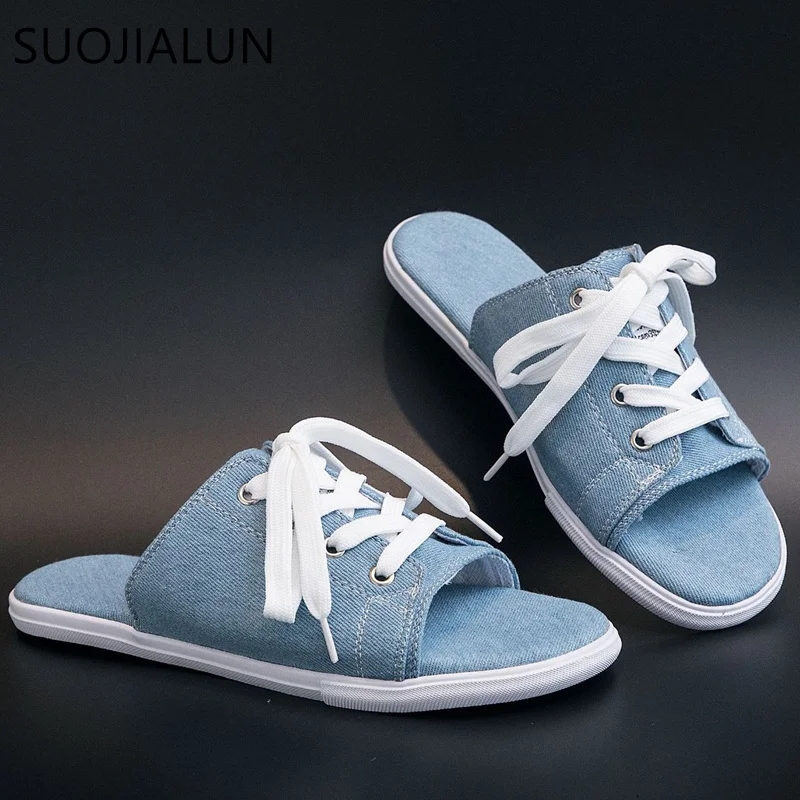 

Brand Slippers Women Denim Slippers Summer Lace Up Slides Flat Sandals Non-slip Casual Flip Flops Beach Flats Sh