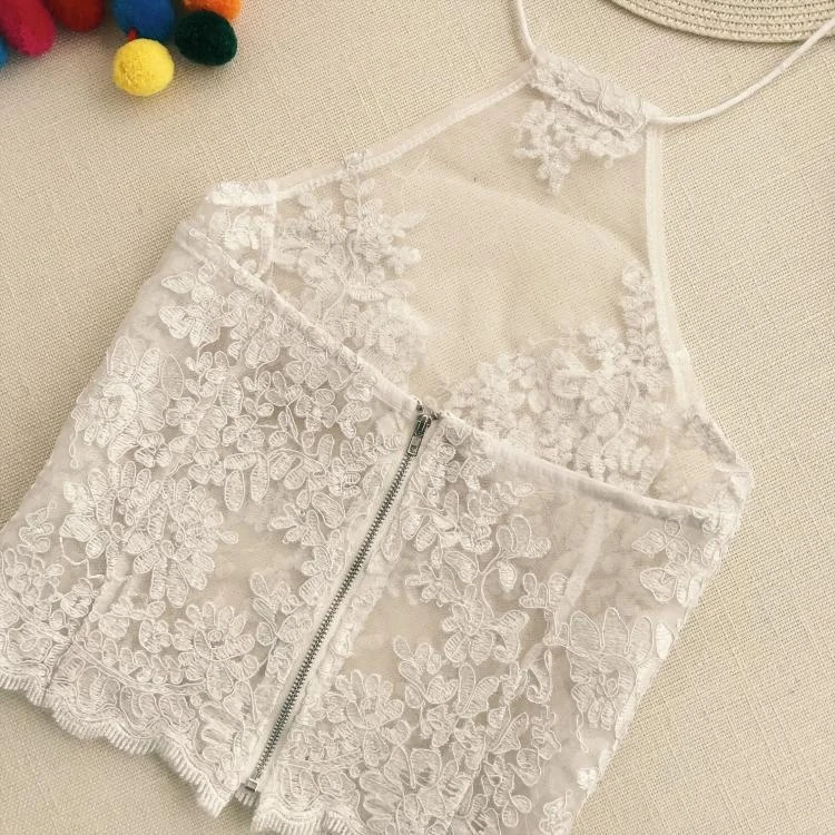 MUMUZI Mesh sheer lace cropped tops sexy halter neck thin vest summer fashion flower crochet spaghetti women | Женская одежда