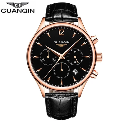 black gold black Guanqin мужские часы Топ бренд класса люкс GUANQIN Мужские Бизнес наручные часы хронограф кожа кварцевые часы Relogio Masculino A - Цвет: black gold black