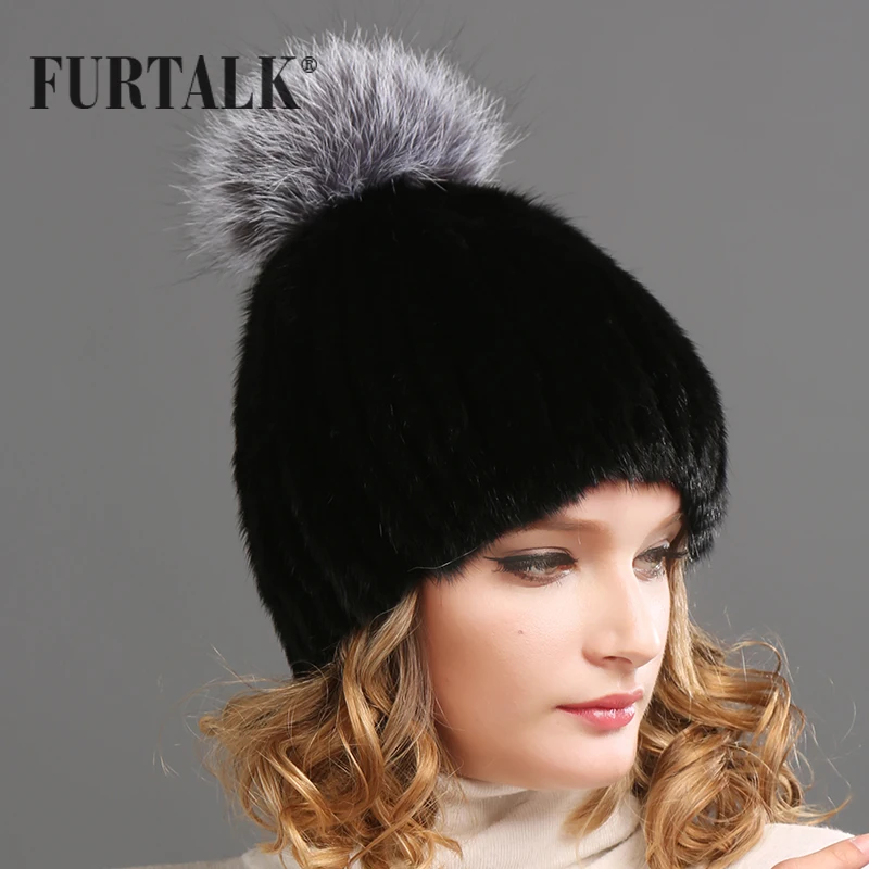 FURTALK ручной вязки естественно норки чернобурки меховые кисточки меховая шапка