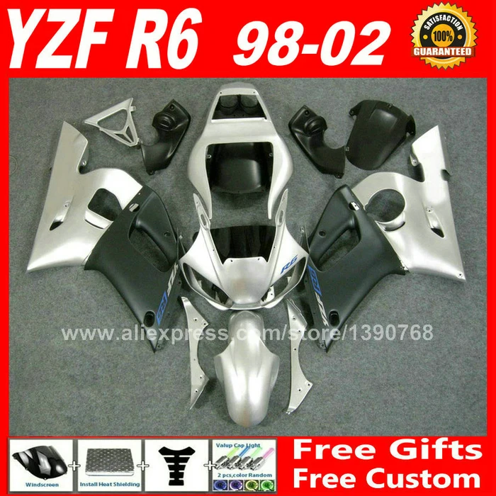 

Motorcycle fairing fit for YAMAHA YZF R6 98 99 00 01 02 Silver flat blk R6 1998 1999 2000 2001 2002 yzfr6 fairings kits T5R4