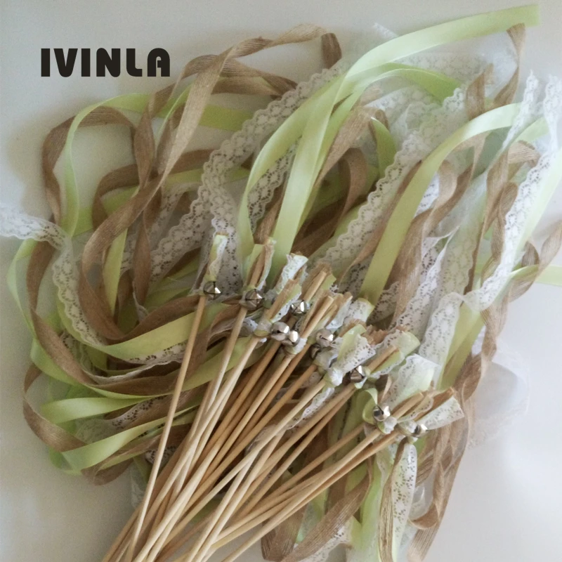 

Newest 50pcs/lot Green Jute wedding Ribbon wands For Wedding Decoration