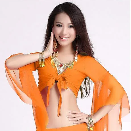 12 colors Wholesale women belly dance clothes sexy spandex top mesh horn sleeves | Тематическая одежда и униформа