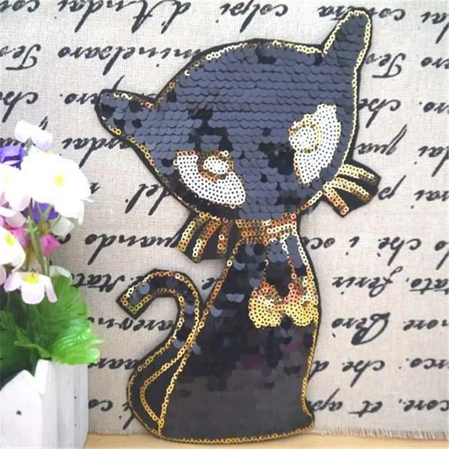 1pcs Fashion Designs 23cm Black Cat Logo Embroidered Patches Clothes Sequins Patch DIY Hotfix Motif Applique Free Shipping | Дом и сад