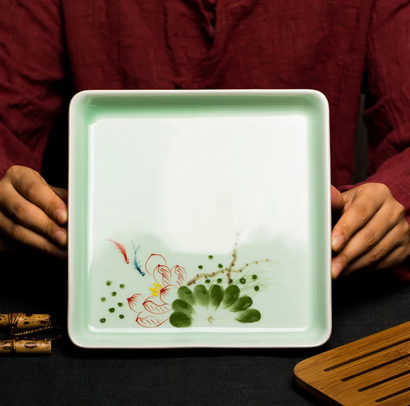 Longquan Celadon ручная роспись мини-керамический чайный поднос Бамбуковая поверхность