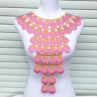 1pc pink luxurious hot fix rhinestones african lace neckline collar iron on embroidery appliques for cloth accessories 34x43cm