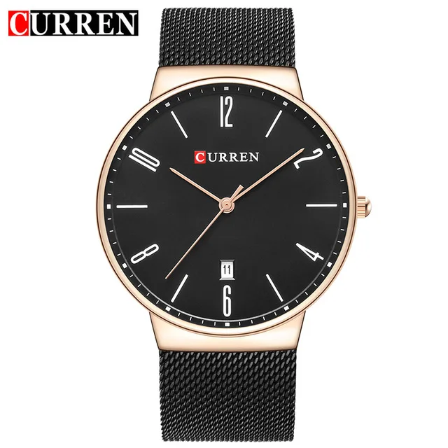gold black Модные часы мужские супер тонкие CURREN Роскошные Брендовые Часы мужские спортивные кварцевые часы мужские часы Relogio Masculino Esportivo - Цвет: gold black