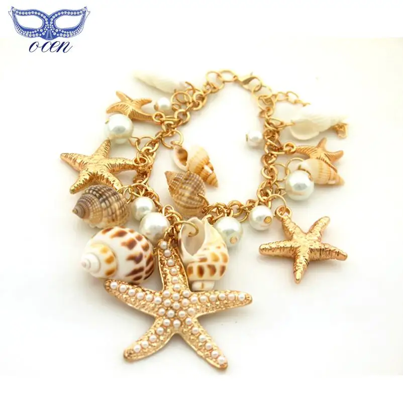 Ocean Style Multi Starfish Sea Star Conch Shell Imitated Pearl Chain Beach Bracelet Bangle Novelty Hot Selling Gift for Girl | Украшения и