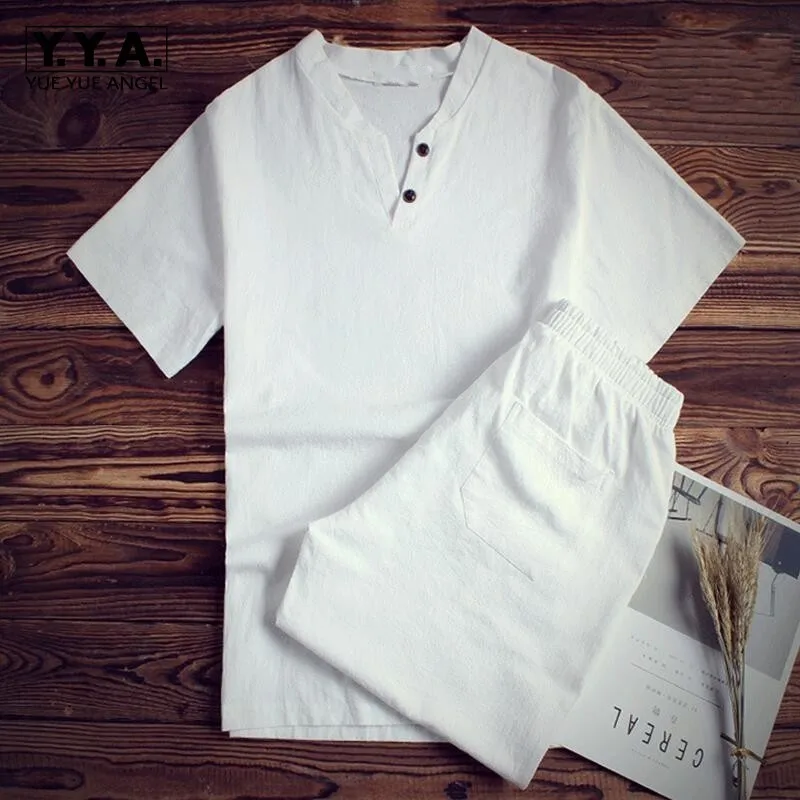 Новинка летние хлопковые и льняные комплекты с V образным вырезом черные белые