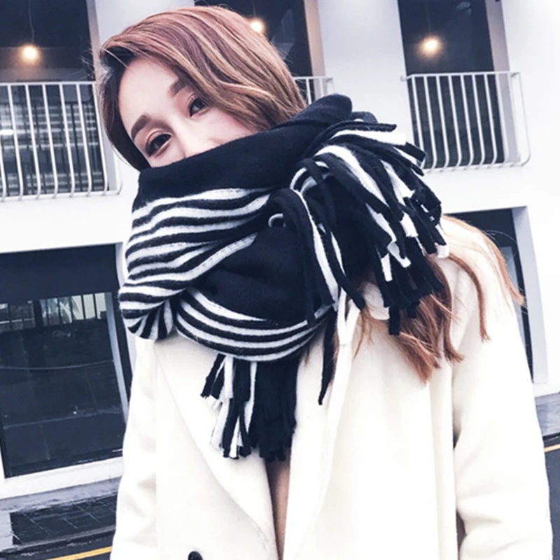 Tassels Hem Warm Winter Scarf Women Imitation Cashmere Striped Long Luxury Brand Shawls and Wraps Foulard Echarpe | Аксессуары для