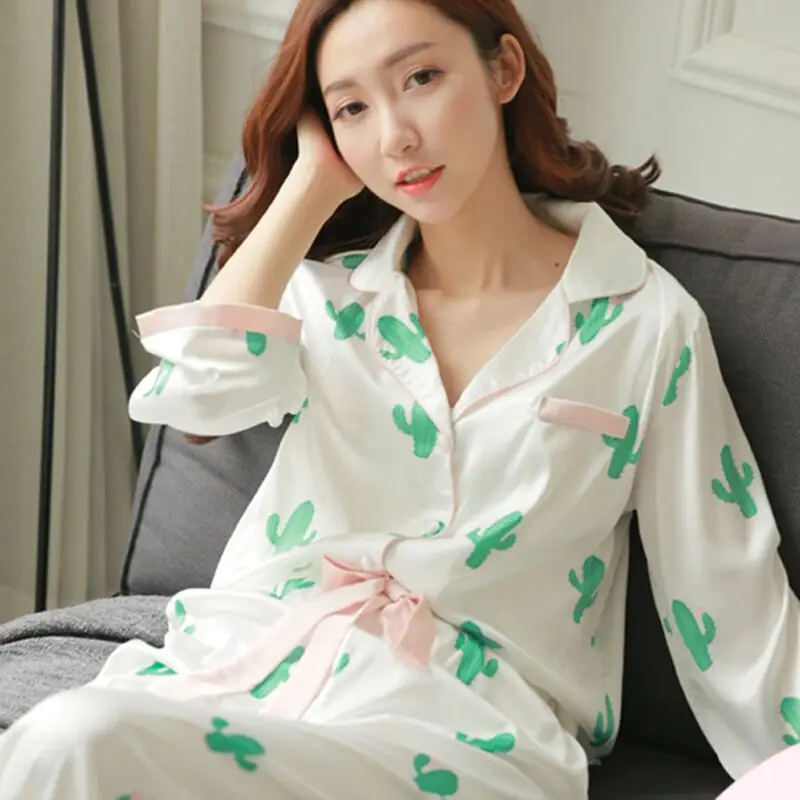 CFYH 2018 New Fashion Spring Summer cactus pattern Comfortable pajamas silk satin two piece suit | Женская одежда