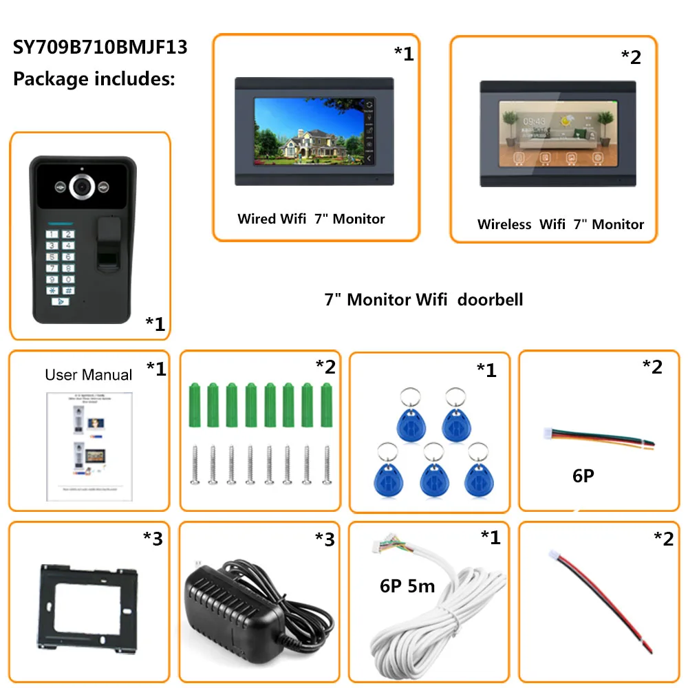 7 дюймов 3 мониторы проводной/беспроводной wi-fi-отпечаток пальца RFID пароль видео