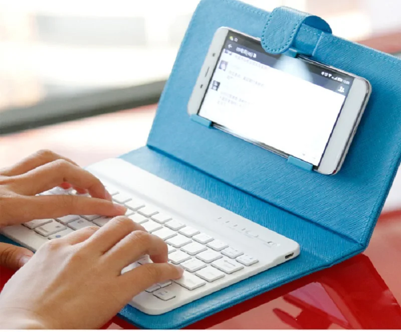 Light Blue Bluetooth мобильный телефон клавиатура с из искусственной кожи чехол Мини беспроводной портативный алюминиевый IOS Android iPhone 7 8 X Русские наклейки - Цвет: Light Blue