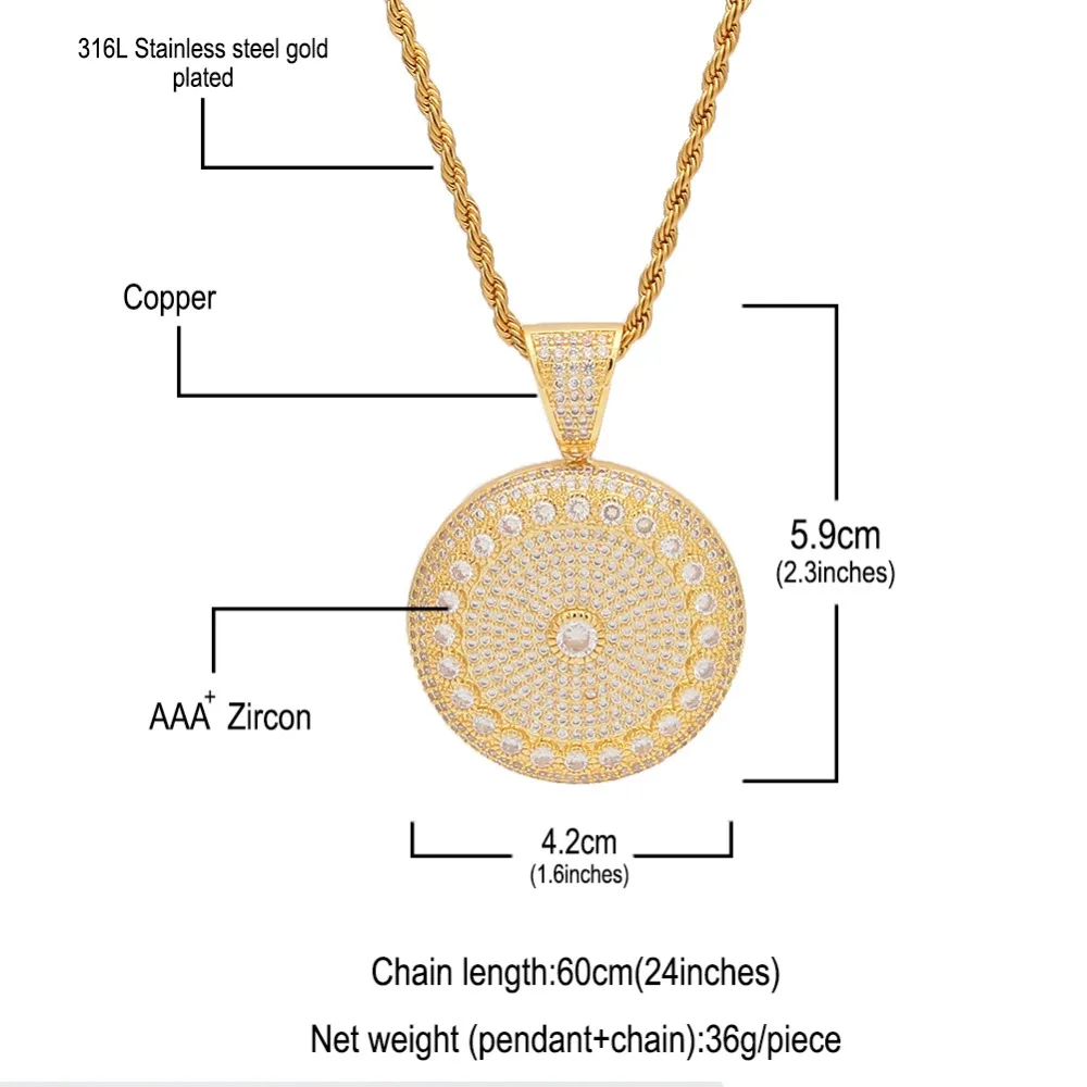 TBTK Round Shape Beautiful Pendant Circle Flower Pattern Paved Crystal Shining Zircon Simple Hiphop Style Jewelry Man | Украшения и