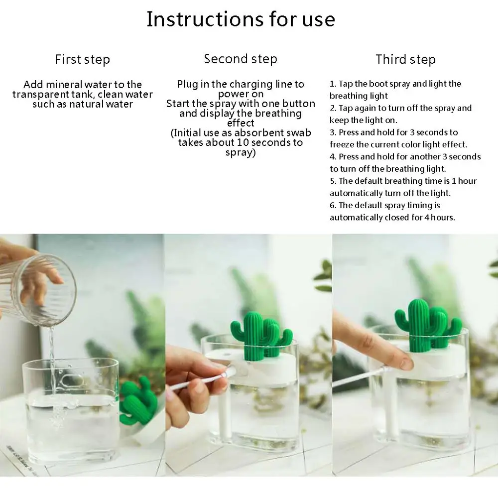 

160ML Ultrasonic Air Humidifier Clear Cactus Color Light USB Essential Oil Diffuser Car Purifier Aroma Diffusor Anion Mist Maker