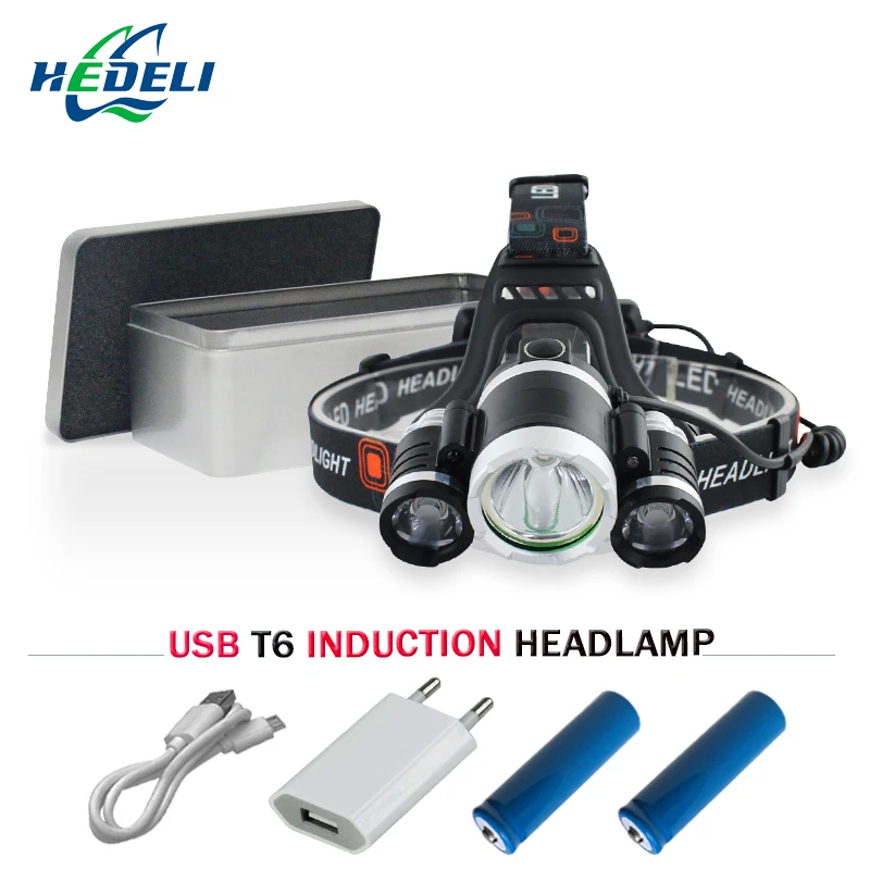ИК Сенсор usb 3 t6 фонарик лоб Перезаряжаемые Фонари 18650 батарея фара лампа Головной