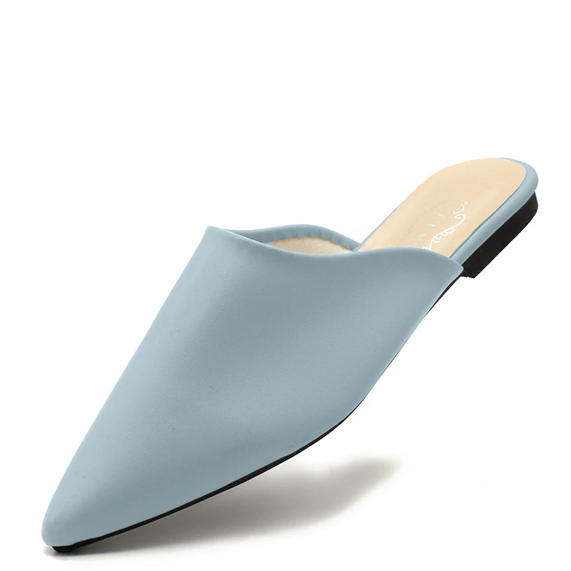 light blue Обувь на плоской подошве; коллекция года; модные женские туфли без задника из искусственной кожи с острым носком; Вьетнамки без застежки; женские шлепанцы; Летние сандалии; женская обувь - Цвет: light blue