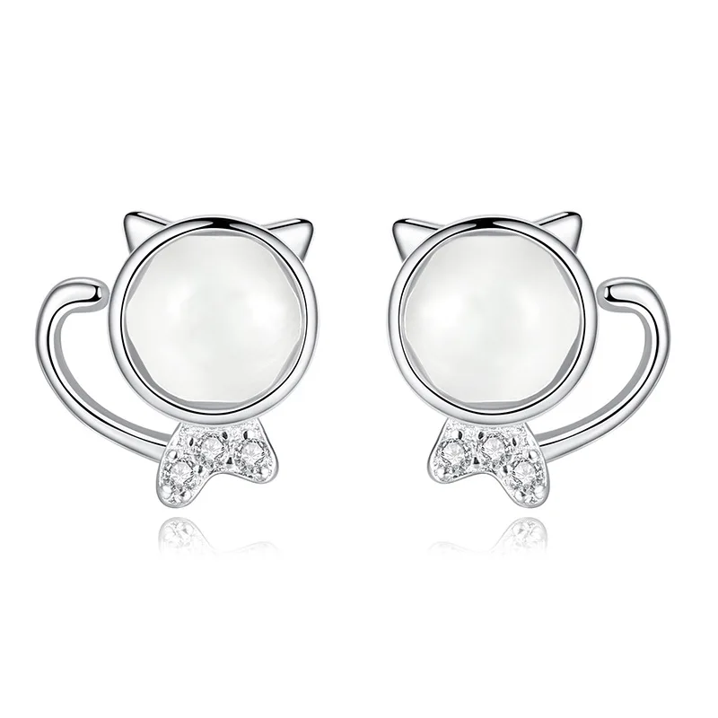 S925 sterling silver earrings small fresh cute micro-inlaid zircon opal kitten women's gift | Украшения и аксессуары