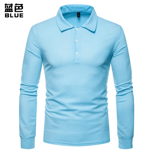 Ограниченная серия, Мужская однотонная Повседневная рубашка поло из чистого хлопка с длинным рукавом и отворотом - Цвет: Синий