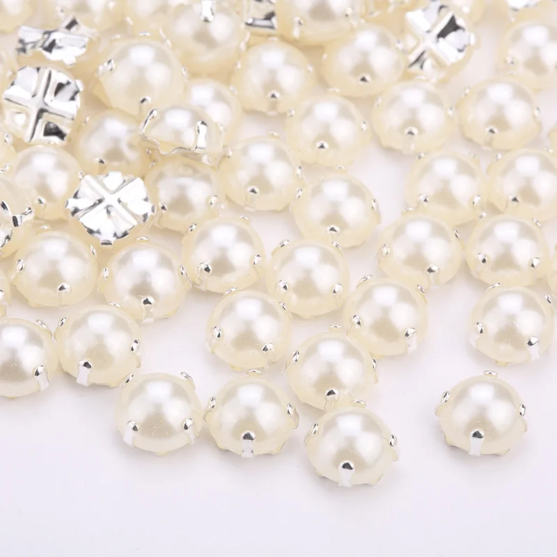 Silver Multi Sizes Ivory Pearl with Silver/Gold Claw Pearl Sewing Round Flatback beads For Wedding Dress Accessory DIY Crafts - Цвет: Silver