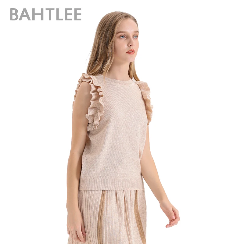 BAHTLEE Summer Frilled Trim knitted Slim Fitted Tee Sleeveless T-shirt Women Elegant Solid O-neck sweater Tshirt ruffles
