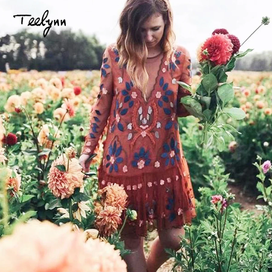 TEELYNN винтажные сетчатые платья с цветочной вышивкой 2018 осеннее платье длинными