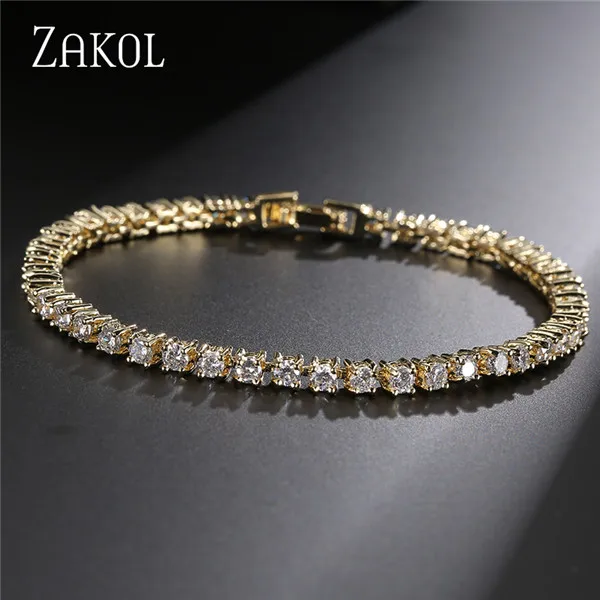 Gold Color Модный Теннисный браслет и браслеты ZAKOL 3 мм с круглой огранкой из кубического циркония, модные ювелирные изделия с кристаллами для женщин/девочек, аксессуары FSBP032 - Окраска металла: Gold Color