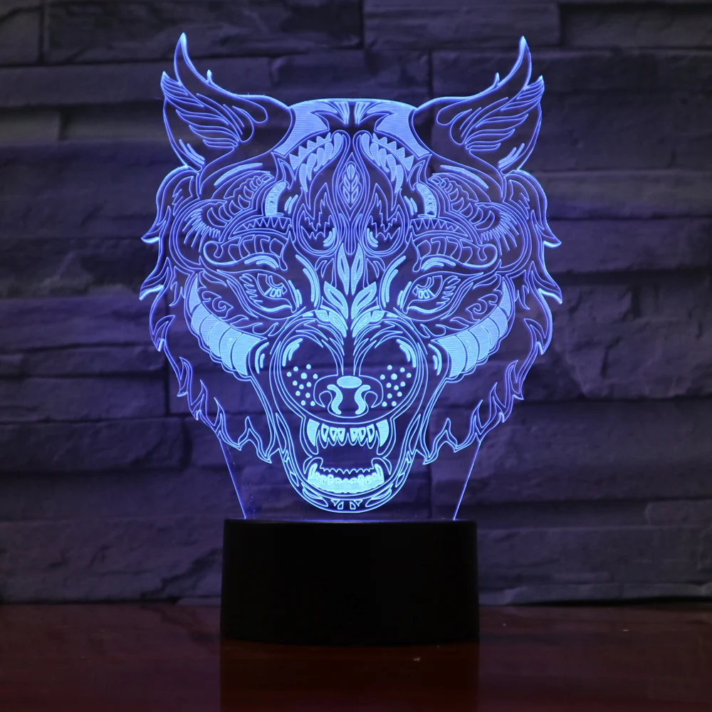 Креативный 3D светодиодный ночник фигурка головы волка 7 цветов настольная лампа