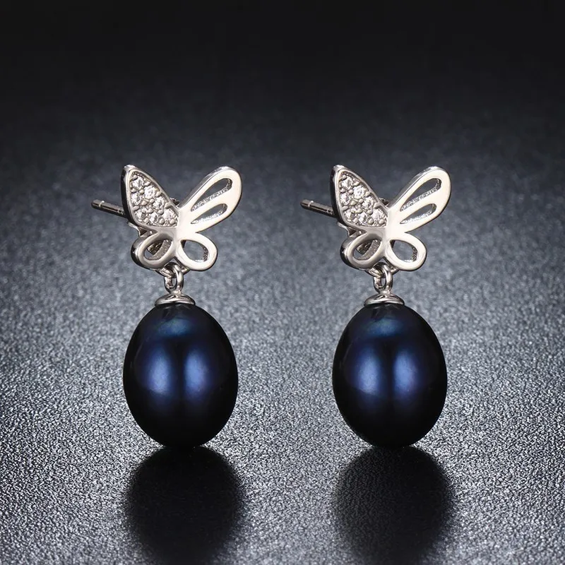 HENGSHENG Natural New Black Pearl Drop Earring Real 925 Sterling Silver Women Butterfly Earrings Fine Jewelry Gift Box 2018 | Украшения и